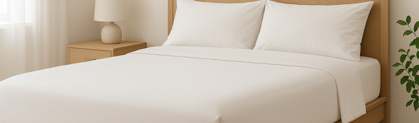 Aufgeräumtes Schlafzimmer mit gemachtem Bett und Matratzenschoner unter dem straff gespannten Spannbettlaken