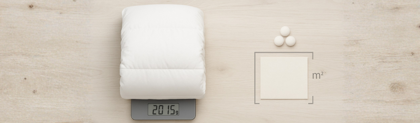 Gefaltete weiße Daunendecke auf digitaler Waage und Stoffmuster mit Quadratmeter-Symbol