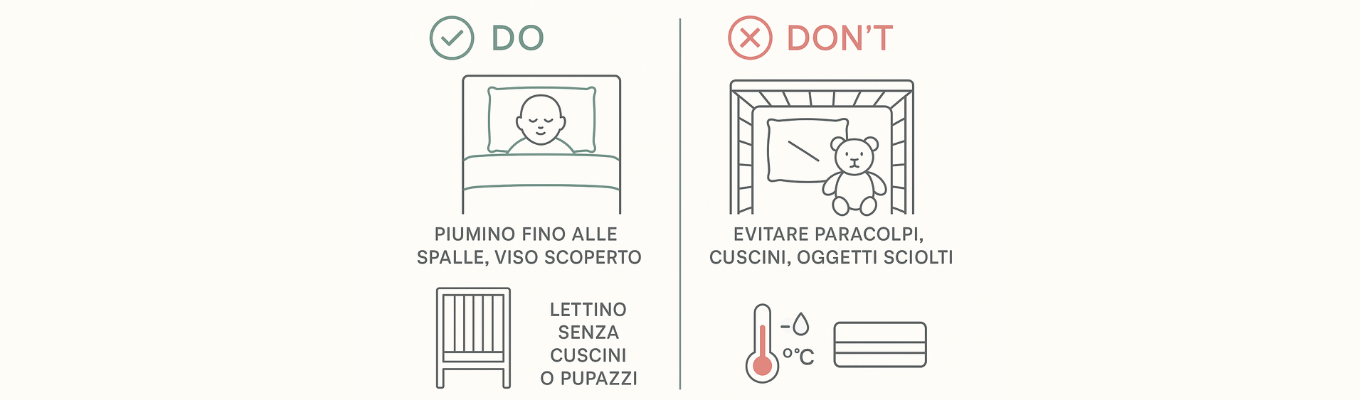 Regole di sicurezza per il piumone culla: viso scoperto e lettino libero da oggetti