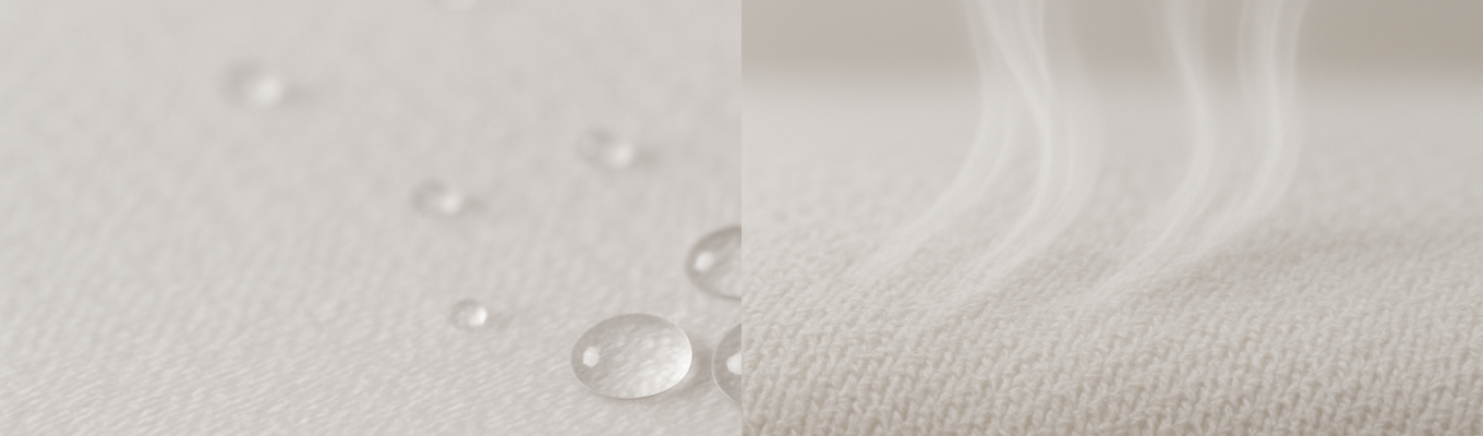 Perlende Wassertropfen auf einem wasserdichten, atmungsaktiven Matratzenschoner aus weichem Gewebe