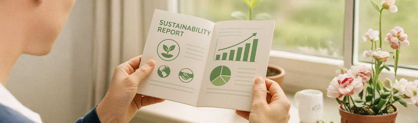 Sustainability report held in hands with a small plant in the background