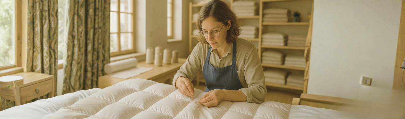Craftswoman at work in a bright textile workshop