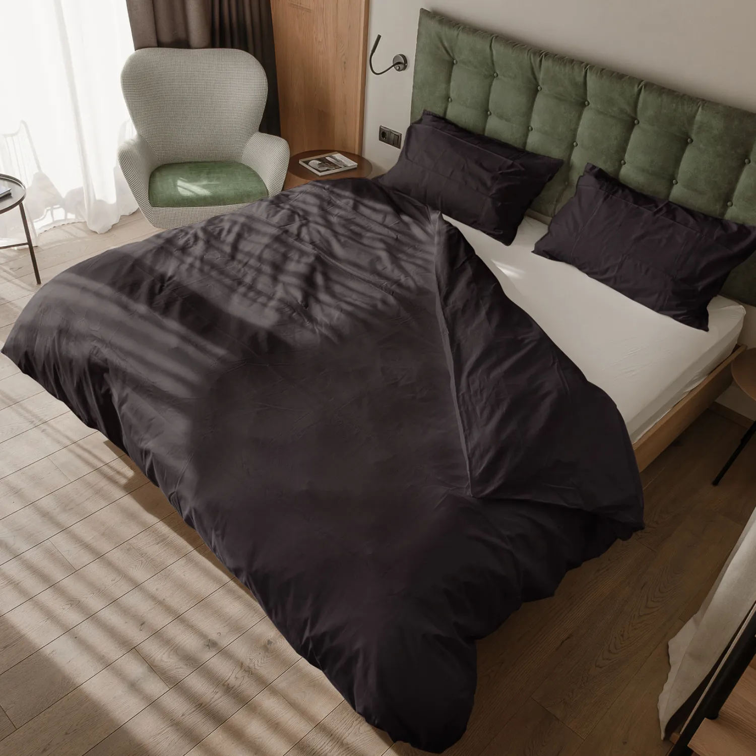 Parure copripiupiumino e federe Skin Daunenstep color granite ambientata