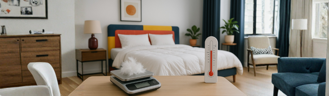 Modernes, helles Schlafzimmer mit weißer DaunenStep-Daunendecke auf dem Doppelbett