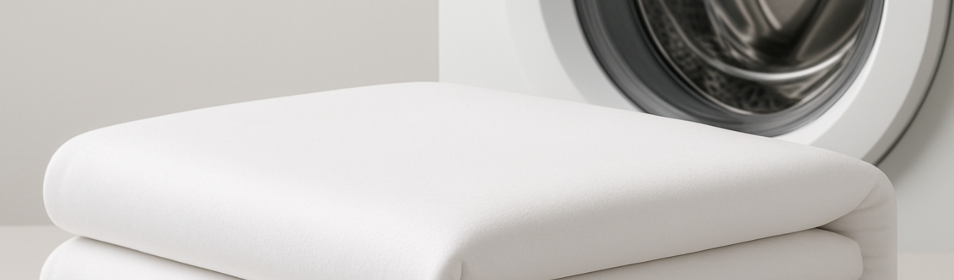 Gefalteter Matratzenschoner neben einer Waschmaschine