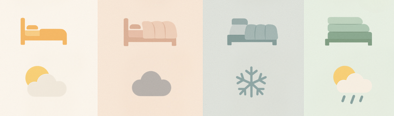 Illustration mit vier Bereichen; jeder Abschnitt zeigt ein stilisiertes Bett neben einem Wettersymbol