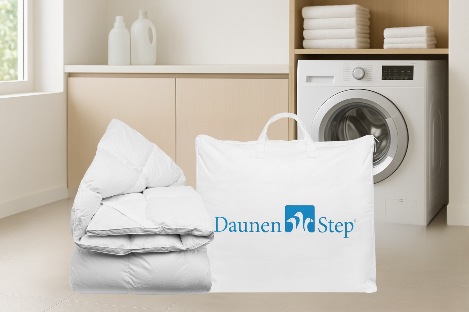 Lavaggio topper in piuma in lavanderia moderna