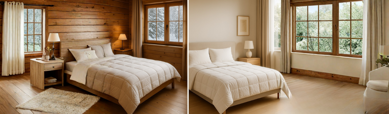 Vergleich: Schlafzimmer in den Bergen mit dicker Winterdecke und Schnee draußen neben Stadtschlafzimmer mit leichter Decke und mildem Klima.